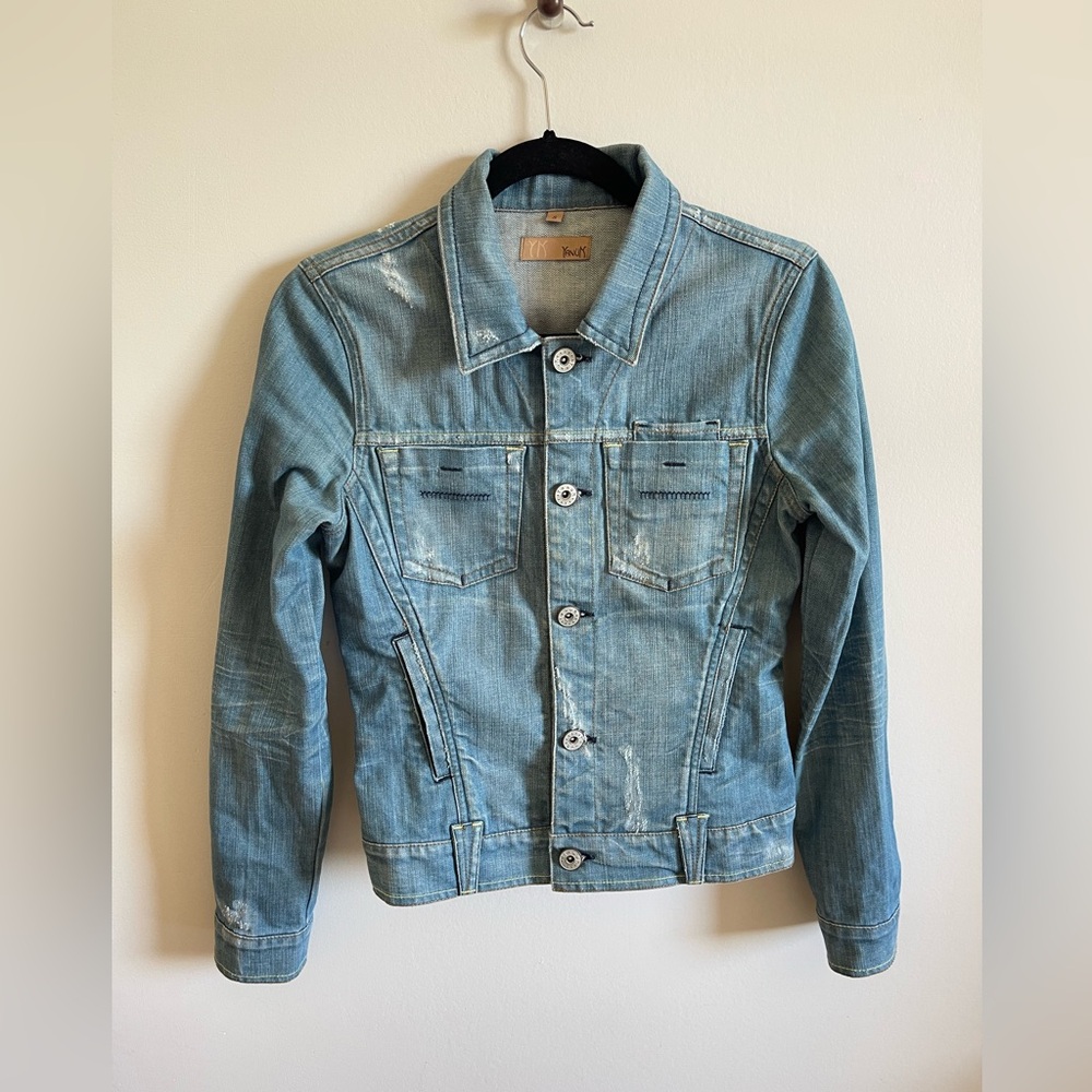 Yanuk Women’s Light Blue Denim Jacket Size S Long Sleeves Distressed Trucker